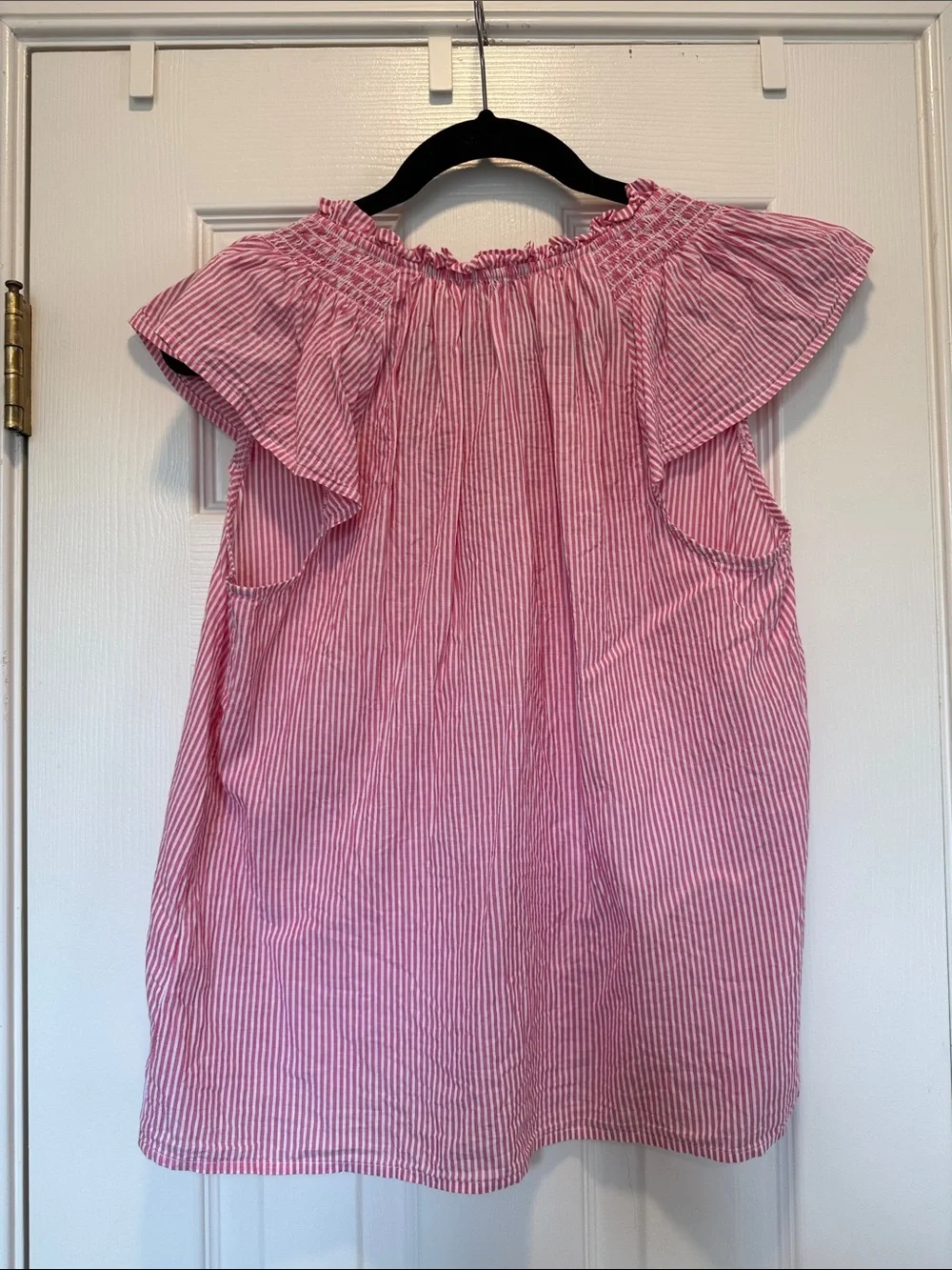 J. Crew Pink Striped Ruffle-Neck Cap Sleeve Top